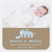 ブルーエレファント男の赤ちゃん写真誕生のお知らせ スクエアシール (正面)