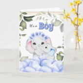 ブルーエレファント男の赤ちゃん誕生おめでとう カード (黄色い花)
