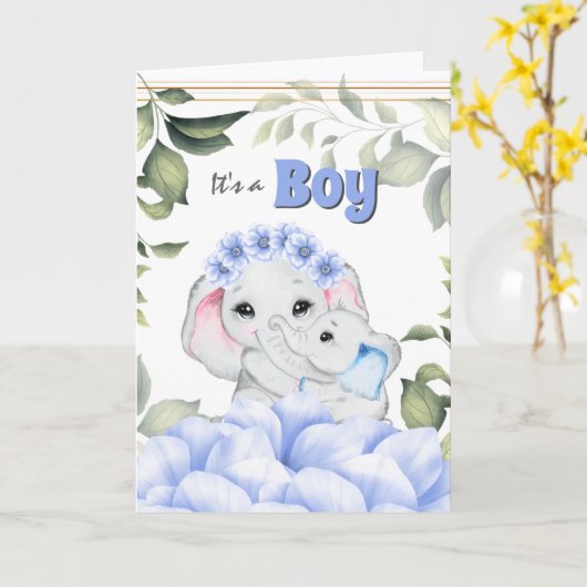 ブルーエレファント男の赤ちゃん誕生おめでとう カード (黄色い花)