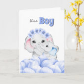 ブルーエレファント男の赤ちゃん誕生のお知らせ カード (黄色い花)