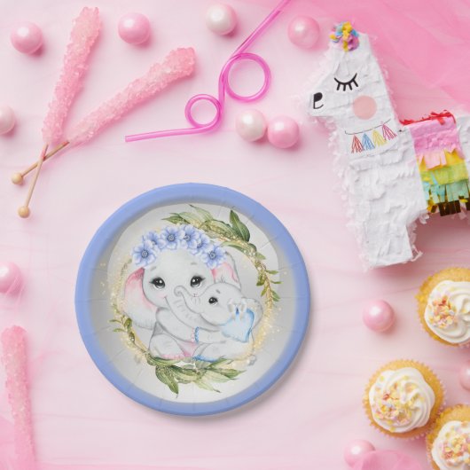 ブルーエレファント男の赤ちゃん誕生ユーカリフレーム ペーパープレート (パーティー)