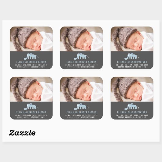 ブルーエレファント男の赤ちゃん誕生発表ステッカー スクエアシール (シート)