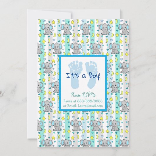 ブルーエレファント男の赤ちゃん超音波ベビーシャワー 招待状 (裏面)