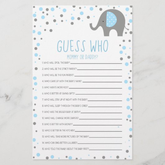 ブルーエレファント誰が赤ちゃんシャワーゲーム 便箋 (正面)