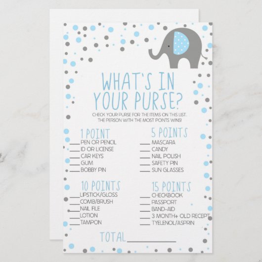 ブルーエレファント財布の赤ちゃんシャワーゲームの中にあるものを 便箋 (正面/裏面)