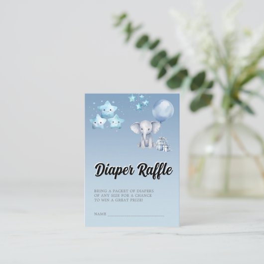 ブルーエレファント&バルーンベビーシャワーおむつラッフル エンクロージャーカード (スタンド正面)