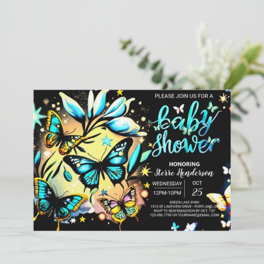 ブルーエンチャント蝶デジタルボーイベビーシャワー 招待状 (スタンド正面)