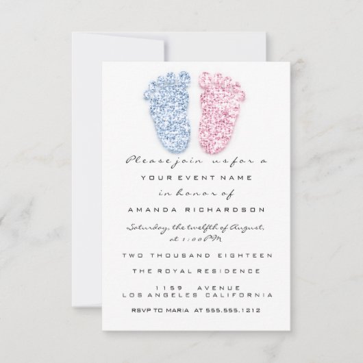 ブルーオインジェンダーベビーガールボーイシャワー足 招待状 (正面)