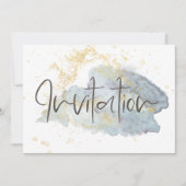 ブルーオエレガントンブレウォーターカラー金ゴールドアクセント結婚ズ 招待状 (正面)