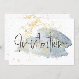 ブルーオエレガントンブレウォーターカラー金ゴールドアクセント結婚ズ 招待状