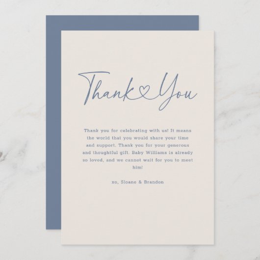 ブルーオベビーハート書道シンプル赤ちゃんシャワー サンキューカード (正面/裏面)