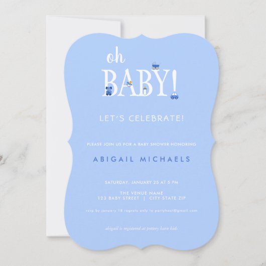 ブルーオベビー招待状の男の子の赤ちゃんシャワー 招待状 (正面)