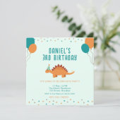 ブルーオレンジかわいい恐竜の誕生日パーティー 招待状 (スタンド正面)