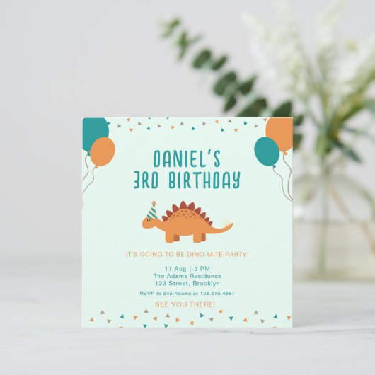 ブルーオレンジかわいい恐竜の誕生日パーティー 招待状 (スタンド正面)