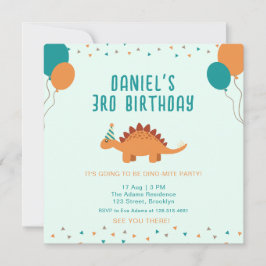 ブルーオレンジかわいい恐竜の誕生日パーティー 招待状