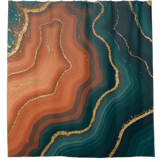 ブルーオレンジと金ゴールドゲードインスパイア シャワーカーテン (正面)