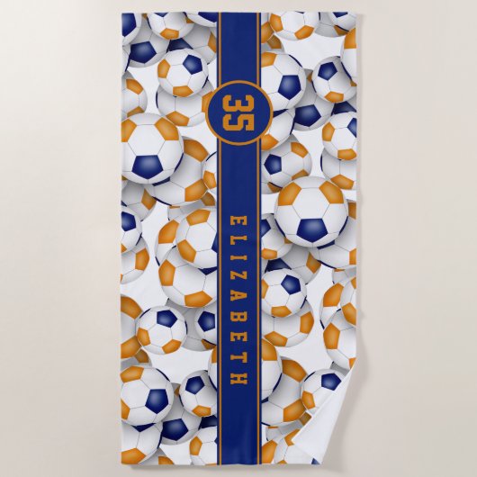 ブルーオレンジの女の子の男の子サッカーチームカラー ビーチタオル (正面)