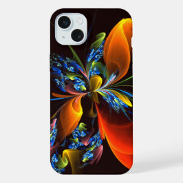 ブルーオレンジの花モダン抽象芸術パターン #03 iPhone 15 PLUSケース