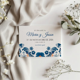 ブルーオレンジの花柄エレガントなフィエスタ スペイン式結婚式 セーブザデート