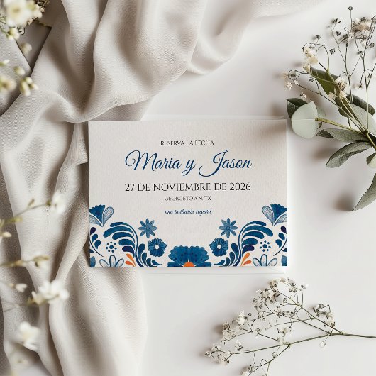 ブルーオレンジの花柄エレガントなフィエスタ スペイン式結婚式 セーブザデート