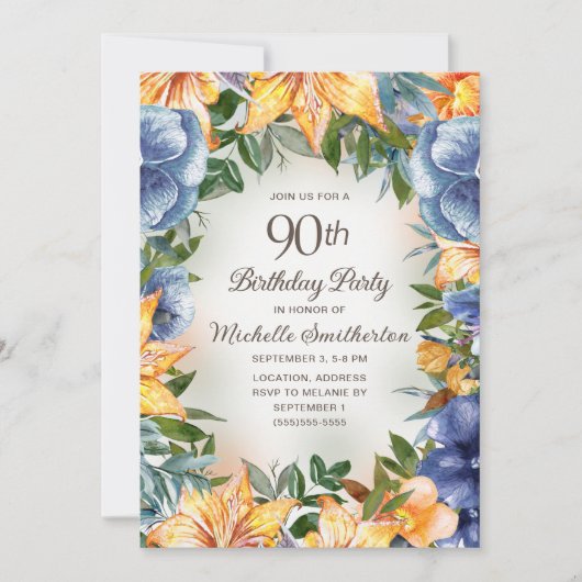 ブルーオレンジの花 90歳の誕生日 招待状 (正面)