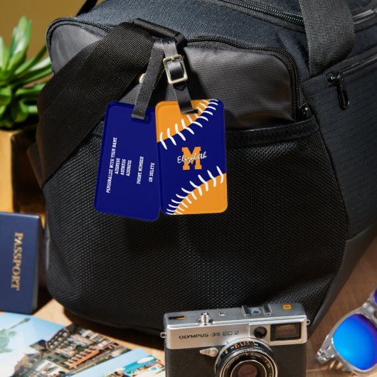 ブルーオレンジまたはANYカラーソフトボール野球 ラゲッジタグ (正面&裏面)