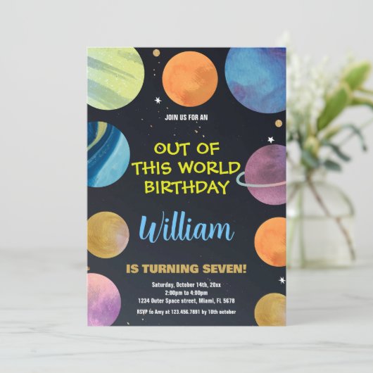 ブルーオレンジアウタースペース誕生日招待状 招待状 (スタンド正面)
