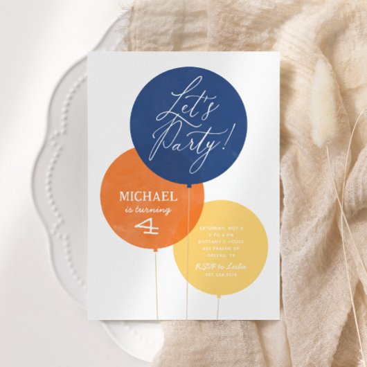 ブルーオレンジウォーターカラーバルーンボーバースデーパーティー 招待状