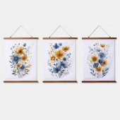 ブルーオレンジウォーターカラー花模様ボホ 吊り下げ型タペストリー (トリプル)