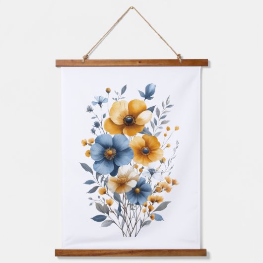 ブルーオレンジウォーターカラー花模様ボホ 吊り下げ型タペストリー (正面)
