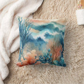 ブルーオレンジコーラルリーフウォーターカラー海波 クッション (ブランケット)