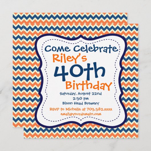 ブルーオレンジシェブロン40th誕生日パーティの招待状 招待状 (正面/裏面)