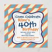 ブルーオレンジストライプの40歳誕生日パーティの招待状 招待状 (正面/裏面)