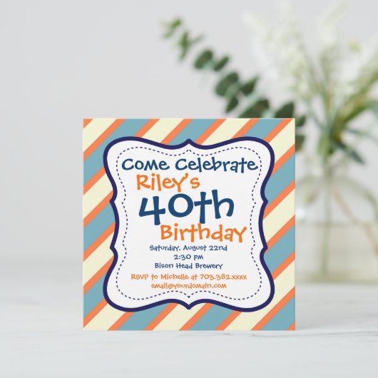 ブルーオレンジストライプの40歳誕生日パーティの招待状 招待状 (スタンド正面)