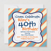 ブルーオレンジストライプの40歳誕生日パーティの招待状 招待状 (正面)
