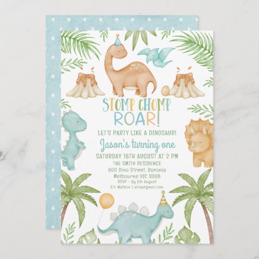 ブルーオレンジストンプチョンプロアードラノウス誕生日 招待状 (正面/裏面)