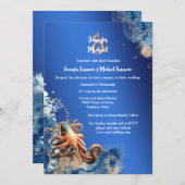 ブルーオレンジタコ結婚のビーチテーマ 招待状 (正面/裏面)