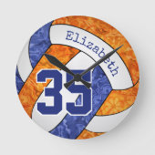 ブルーオレンジチームカラーズガールズバレーボールルーム ラウンド壁時計 (正面)
