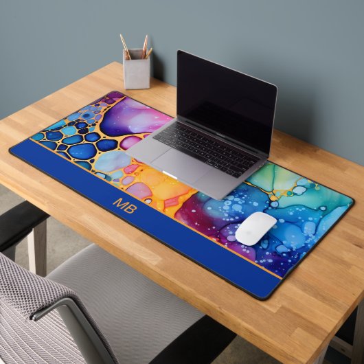 ブルーオレンジティール(緑がかった色)アルコールインクモノグラム デスクマット (オフィス2)