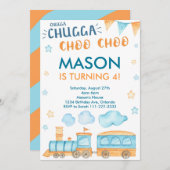 ブルーオレンジトレインバースデーパーティーの招待 招待状 (正面/裏面)