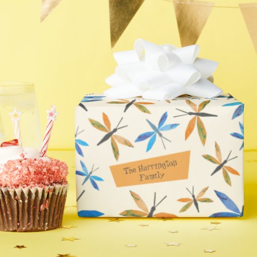 ブルーオレンジトンフライレトロ手描きトンボ ラッピングペーパー (誕生日パーティー)