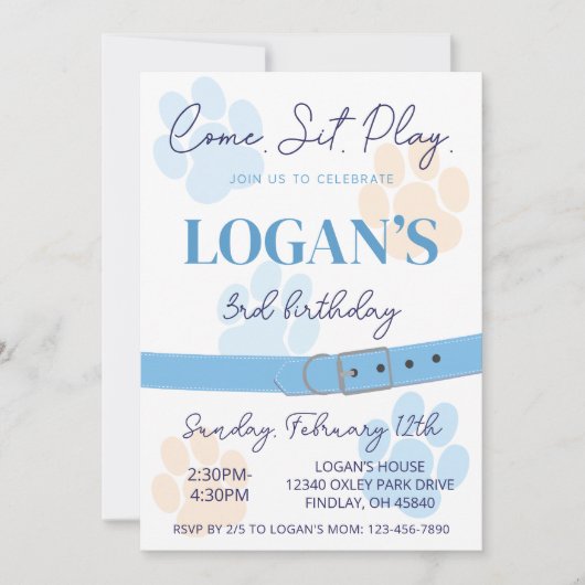 ブルーオレンジドッグポープリント誕生日パーティー任意の年齢 招待状 (正面)