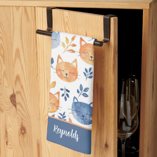 ブルーオレンジハッピーキャット顔 キッチンタオル (三つ折り)