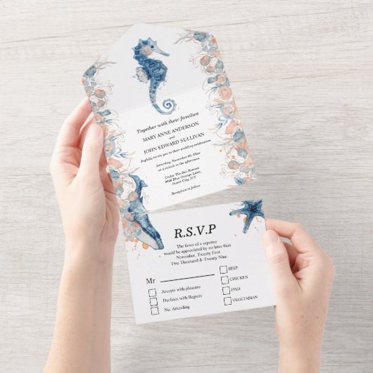 ブルーオレンジヒトデシーホース海バラ オールインワン招待状 (貼ってはがせる)