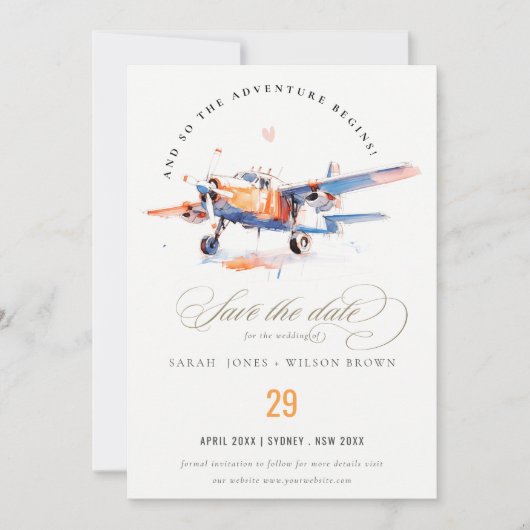 ブルーオレンジピンク水彩飛行機の写真結婚の写真 セーブザデート (正面)
