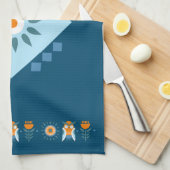 ブルーオレンジフクロウ花フォークアート キッチンタオル (四つ折り)