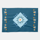 ブルーオレンジフクロウ花フォークアート キッチンタオル (横)