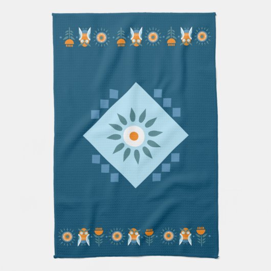 ブルーオレンジフクロウ花フォークアート キッチンタオル (縦)