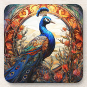 ブルーオレンジフローラ秋ピーコックステンドグラス コースター (正面)