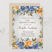 ブルーオレンジフローラ60番目の誕生日招待状 招待状 (正面/裏面)